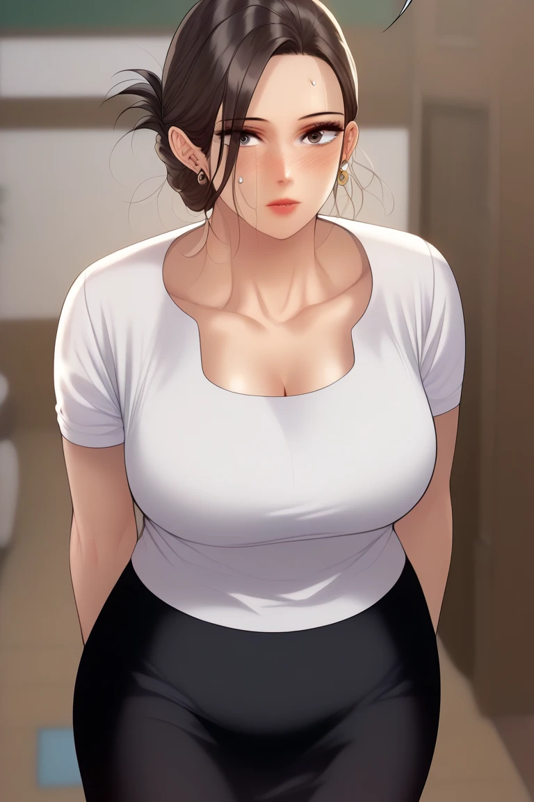 (masterpiece, best_quality:1.2), 1girl, solo, mature female, a1m33, brown hair, low bun, (officework:1.5, white shirt, black mini skirt), beautiful eyes, breasts , cleavage, female focus, front view, loose hair, very long hair, messy hair, huge breast, wide hips, looking at viewer, very high resolution, no blurry image, (cowboy shot), standing, beautiful, serene expression, intricate details, detailed background, indoors , full body, full shot, wide angle, opened chest, breast, deep cleavage, blush, sweat, 