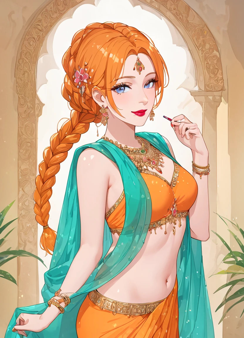 summer.smith, orange hair, 1girl, braid, eyeshadow,lipstick,bindi, saree,smile,score_9, score_8_up, score_7_up, score_6_up, score_5_up, score_4_up, looking at viewer, seductive pose, cowboy shot,