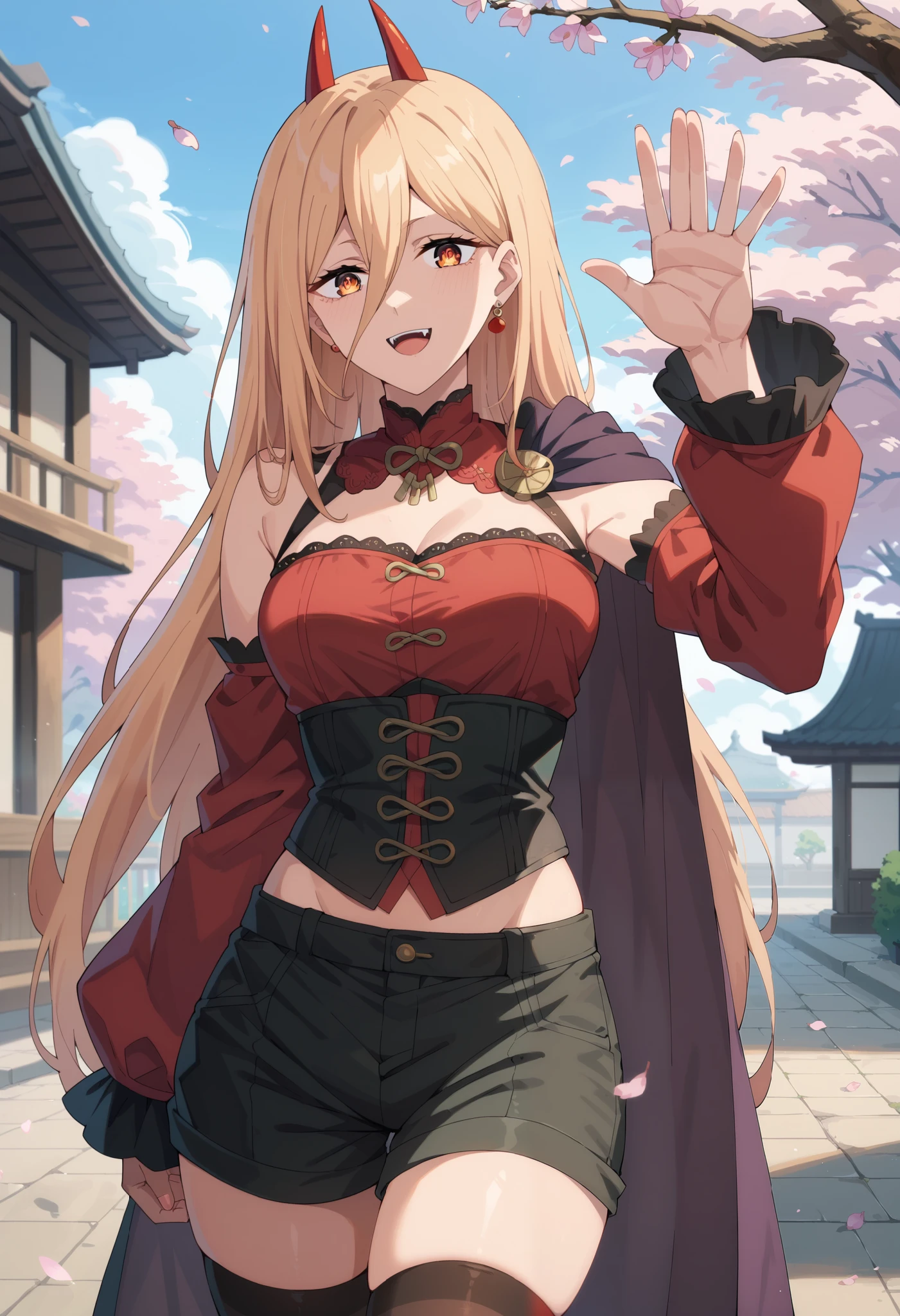 score_9, score_8_up, score_7_up, score_6_up, score_5_up, score_4_up, BREAK adult, 1girl, p0w3r0x1, long hair, blonde hair, red horns,demon pupils, detached sleeves, corset, black shorts, waist cape, black thighhighs, smile, open mouth, waving, standing, cowboy shot, cherry blossoms, outdoors,