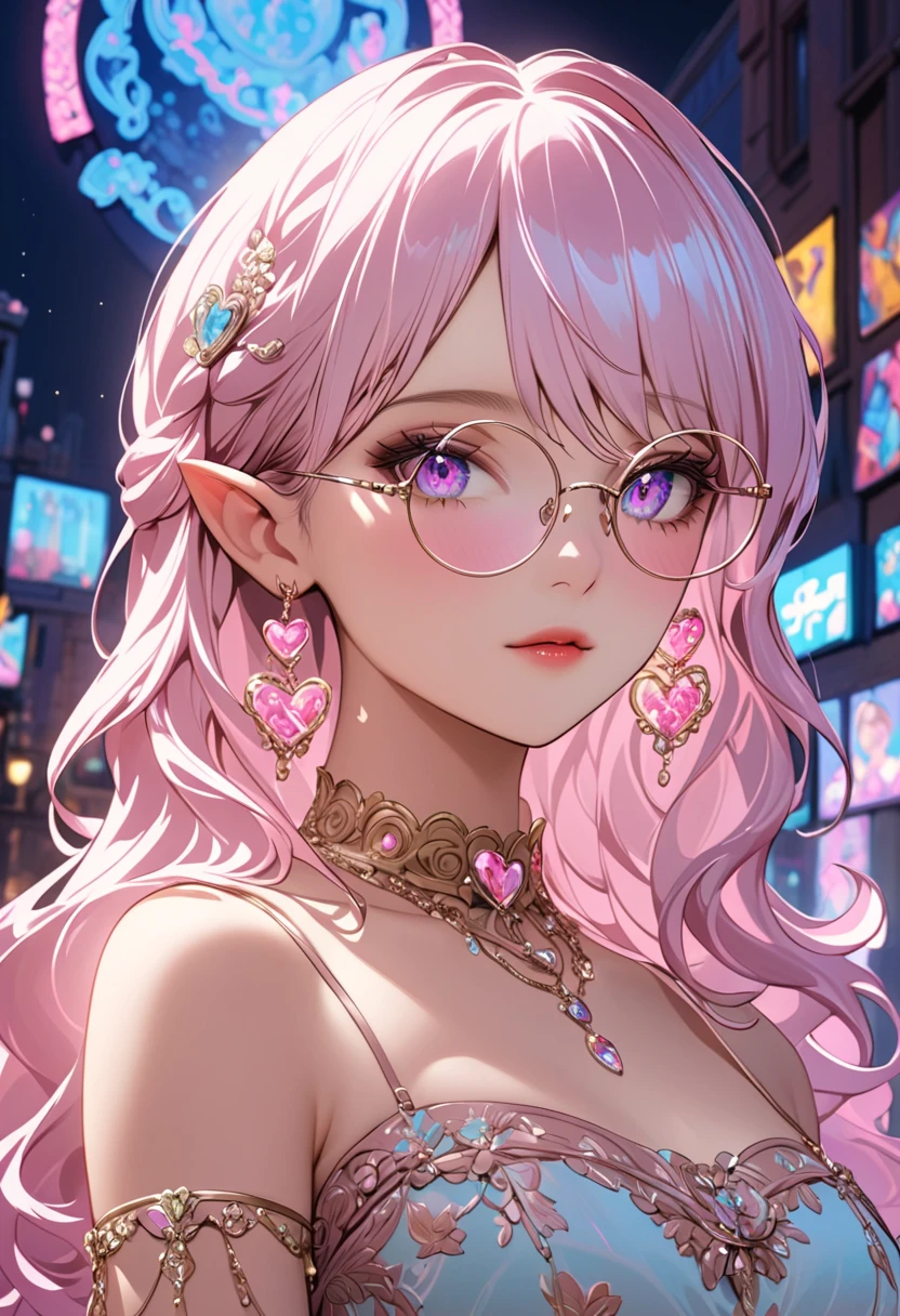 1 Girl, Beautiful Face, collar, Bare shoulders, White hair, (High Saturation), neon lights, Night City, bespectacled, long pointy ears, heart in eye, blind box toy style, rococo style, Chiaroscuro, depth of field, sparkle, ray tracing, reflection light, projected inset, cowboy shot, masterpiece, Best Quality, illustration,accurate, award winning