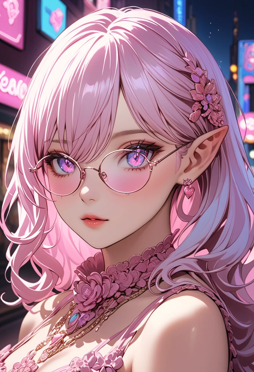 1 Girl, Beautiful Face, collar, Bare shoulders, White hair, (High Saturation), neon lights, Night City, bespectacled, long pointy ears, heart in eye, blind box toy style, rococo style, Chiaroscuro, depth of field, sparkle, ray tracing, reflection light, projected inset, cowboy shot, masterpiece, Best Quality, illustration,accurate, award winning