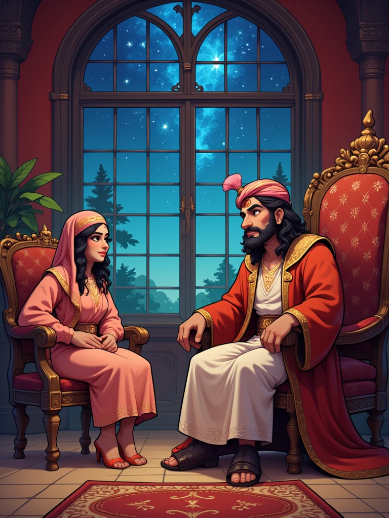 Draw a vivid scene depicting a figure of a sultan in traditional Middle Eastern dress, sitting on an ornate king's throne, wearing a turban decorated with feathers on his head. The man listens to the woman in amazement and love. An elegantly dressed woman in Middle Eastern attire, wearing a small fez with a tulle on the end, sits on a cedar opposite him, looking at him with a hopeful expression. She has an attitude of cheerfully telling him a story. In the background, in a palace room, there is an elaborate window through which a starry night sky is visible, adding a magical atmosphere. Highlight the rich colours of their clothes and surroundings.