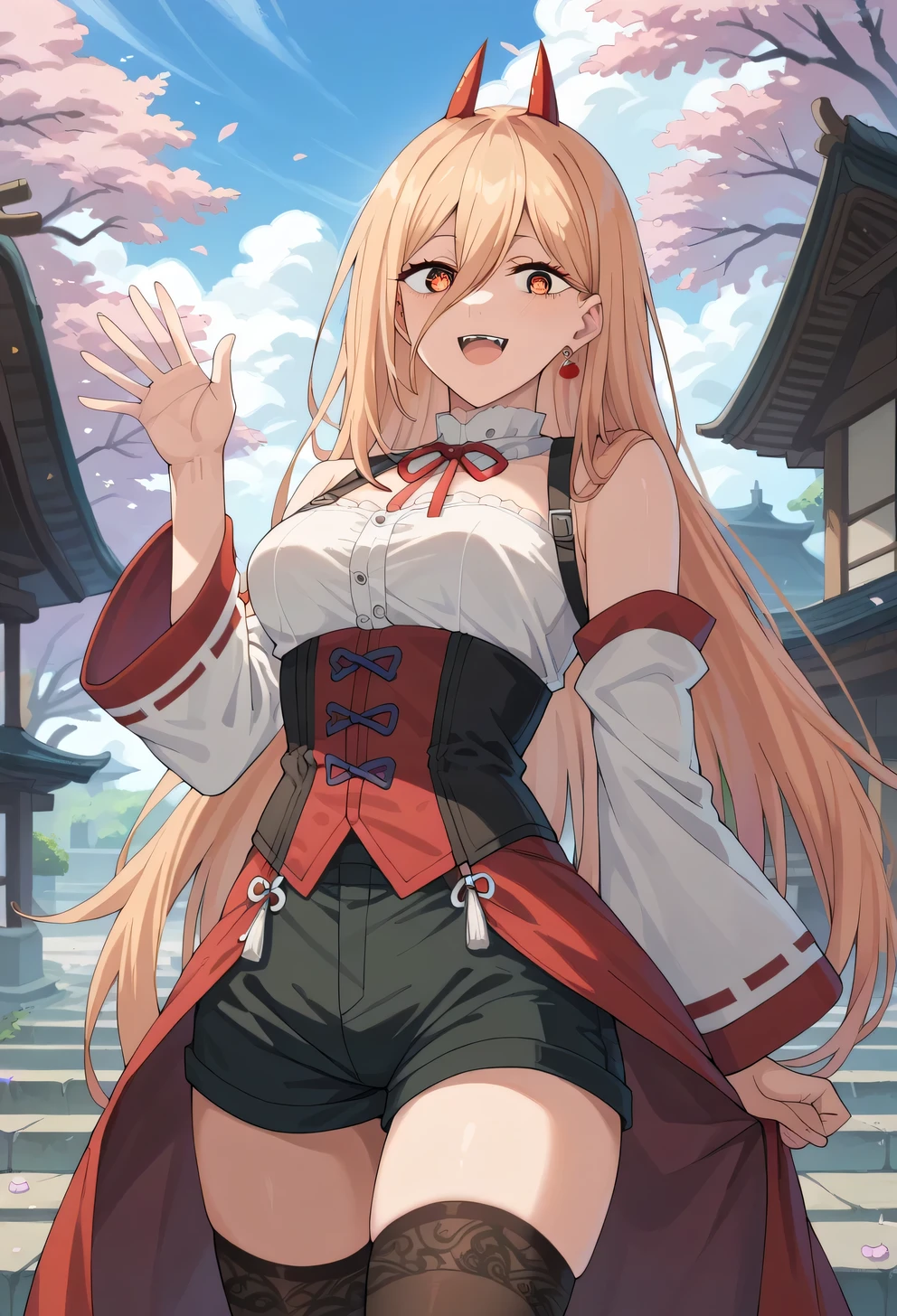 score_9, score_8_up, score_7_up, score_6_up, score_5_up, score_4_up, BREAK adult, 1girl, p0w3r0x1, long hair, blonde hair, red horns,demon pupils, detached sleeves, corset, black shorts, waist cape, black thighhighs, smile, open mouth, waving, standing, cowboy shot, cherry blossoms, outdoors,