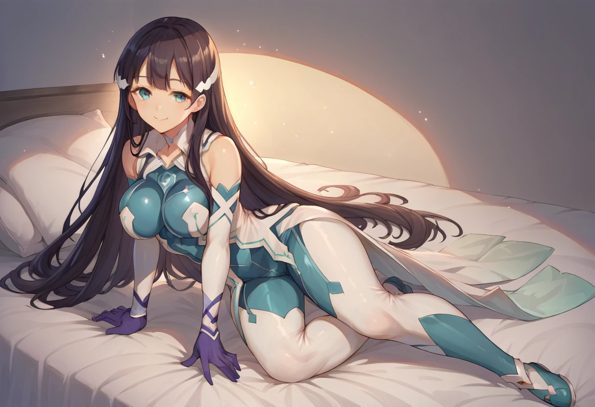 score_9, score_8_ up, score_7_ up,  source_Anime,  One girl , Alone, ((full body))), Mimori Togo Hero Suit,  long hair,  headpiece,   detached color,  Bodysuit , Bare shoulders, Separate sleeves,  gloves, seiza, kneel,  on bed , , smile, 