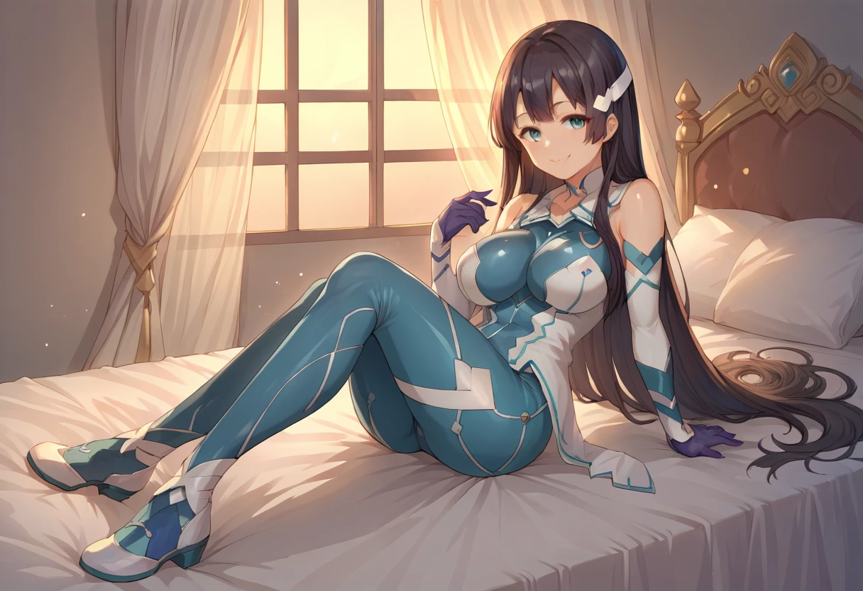 score_9, score_8_ up, score_7_ up,  source_Anime,  One girl , Alone, ((full body))), Mimori Togo Hero Suit,  long hair,  headpiece,   detached color,  Bodysuit , Bare shoulders, Separate sleeves,  gloves, seiza, kneel,  on bed , , smile, 