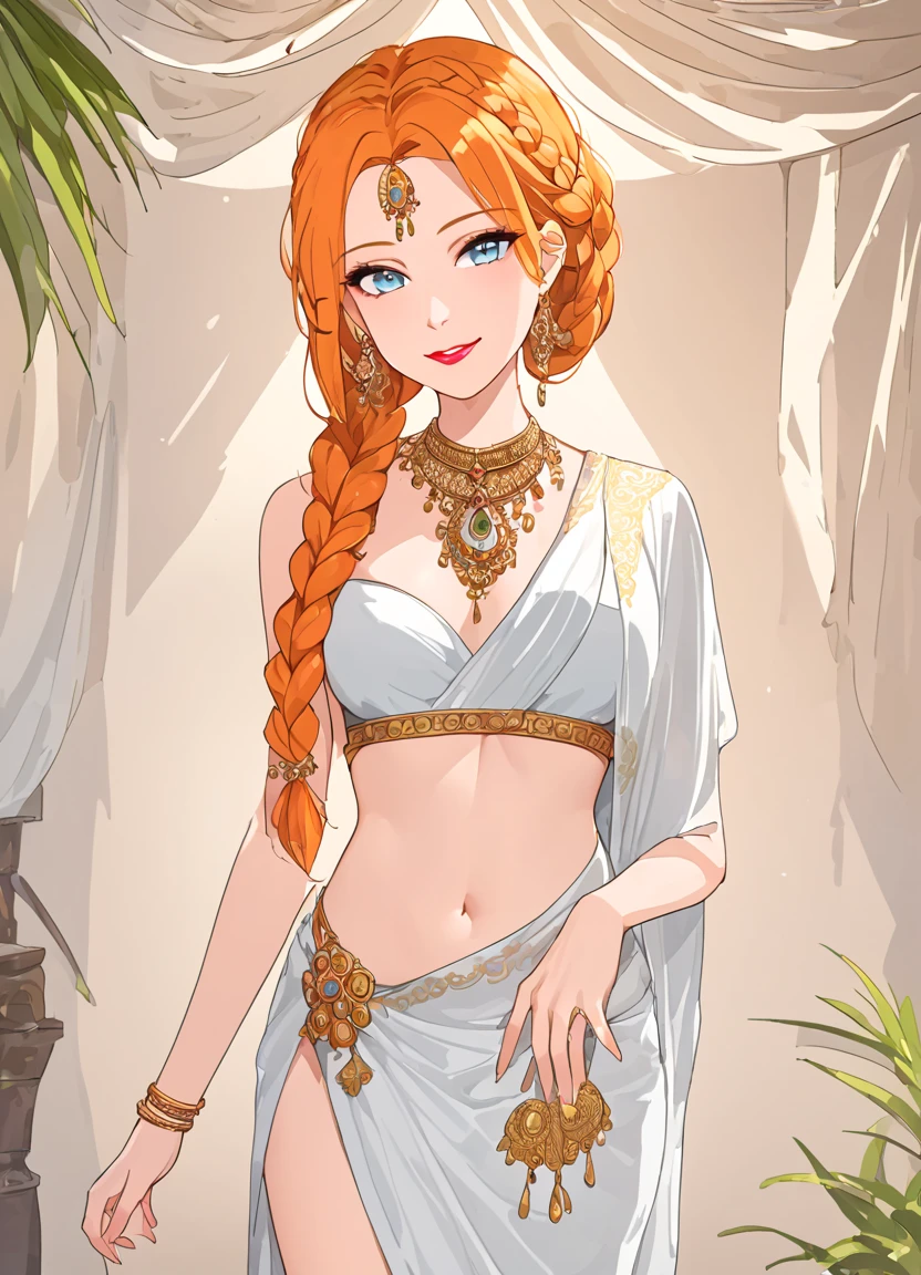 summer.smith, orange hair, 1girl, braid, eyeshadow,lipstick,bindi, saree,smile,score_9, score_8_up, score_7_up, score_6_up, score_5_up, score_4_up, looking at viewer, seductive pose, cowboy shot,