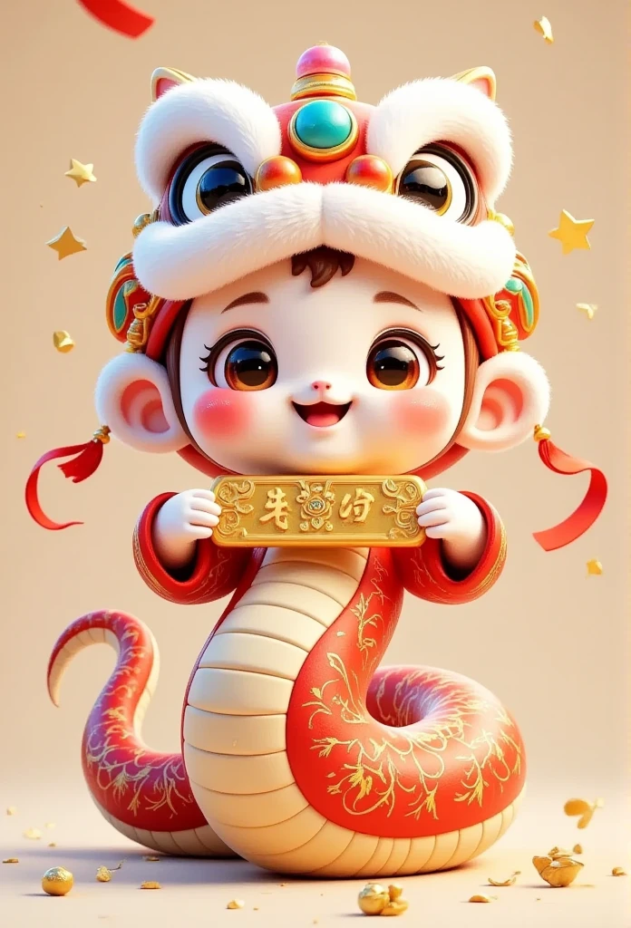 Lovely mascot of the Year of the snake, big smiling face, bright and vivid colors, wearing a red festival hat, holding gold ingot, posing a dynamic and lively posture, no feet, detailed 3D cartoon style, no feet, glossy texture, on the auspicious pattern of the head, the light is soft, floating around red ribbon and gold stars. C4D,OC renderer, blind box style, clean solid color background, light beige background, natural light