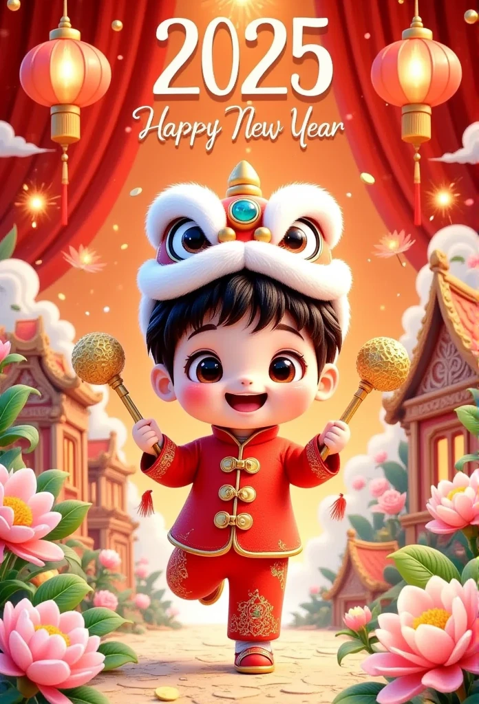 A boy wearing a red clothes , running tools running at the steps, surrounded by Chinese dragons and lanterns. The background features traditional New Year elements such as firecrackers, fireworks, houses with dragon patterns, "2025" written above him, "Happy new year", Pixar style, 3D rendering, high resolution, movie-level lighting effects, bright colors, festive atmosphere. Red tone. It says that it has been photographed for two years.,,in focus shot，Wong Kar Wai's cinematic poster style