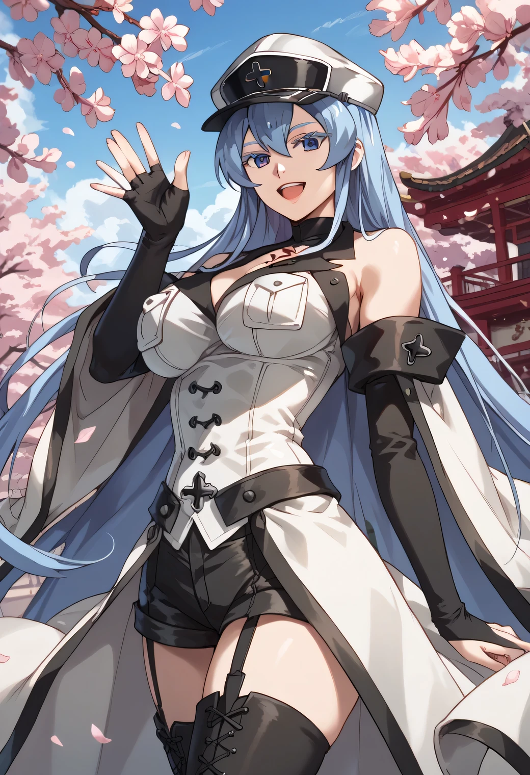 esdeath, blue eyes, blue hair, long hair, large breast, eyelashes, red face,  detached sleeves, corset, black shorts, waist cape, black thighhighs, smile, open mouth, waving, standing, cowboy shot, cherry blossoms, outdoors, hat