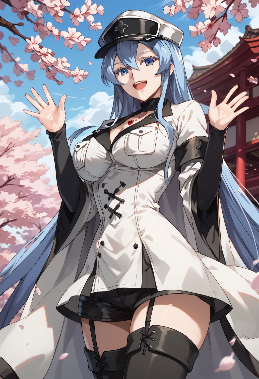 esdeath, blue eyes, blue hair, long hair, large breast, eyelashes, red face,  detached sleeves, corset, black shorts, waist cape, black thighhighs, smile, open mouth, waving, standing, cowboy shot, cherry blossoms, outdoors, hat