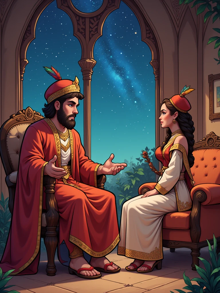 Draw a vivid scene depicting a figure of a sultan in traditional Middle Eastern dress, sitting on an ornate king's throne, wearing a turban decorated with feathers on his head. The man listens to the woman in amazement and love. An elegantly dressed woman in Middle Eastern attire, wearing a small fez with a tulle on the end, sits on a cedar opposite him, looking at him with a hopeful expression. She has an attitude of cheerfully telling him a story. In the background, in a palace room, there is an elaborate window through which a starry night sky is visible, adding a magical atmosphere. Highlight the rich colours of their clothes and surroundings.