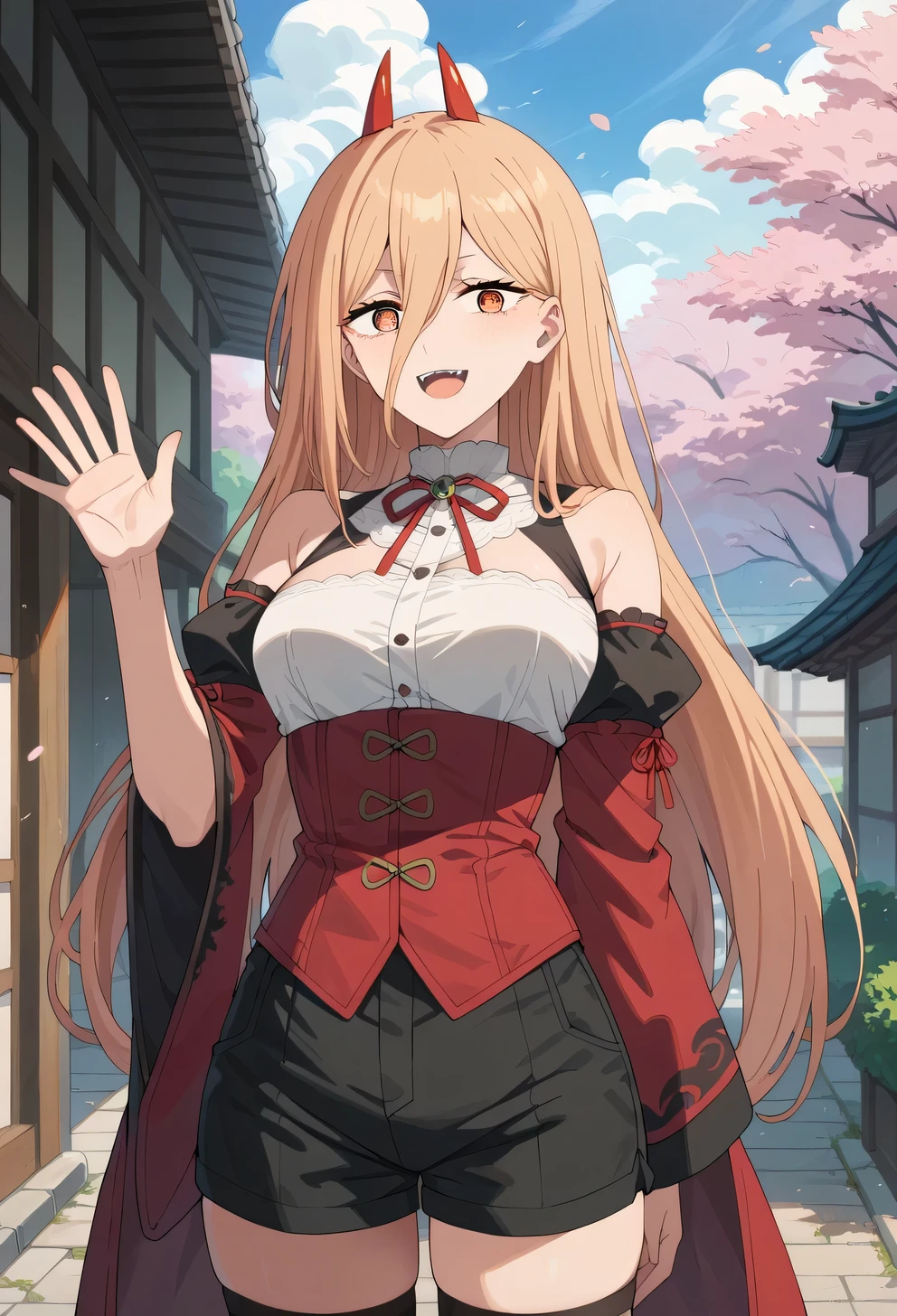 score_9, score_8_up, score_7_up, score_6_up, score_5_up, score_4_up, BREAK adult, 1girl, p0w3r0x1, long hair, blonde hair, red horns,demon pupils, detached sleeves, corset, black shorts, waist cape, black thighhighs, smile, open mouth, waving, standing, cowboy shot, cherry blossoms, outdoors,