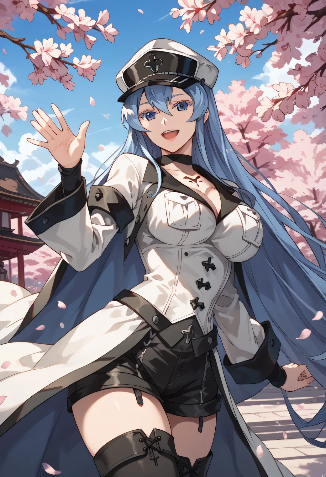 esdeath, blue eyes, blue hair, long hair, large breast, eyelashes, red face,  detached sleeves, corset, black shorts, waist cape, black thighhighs, smile, open mouth, waving, standing, cowboy shot, cherry blossoms, outdoors, hat