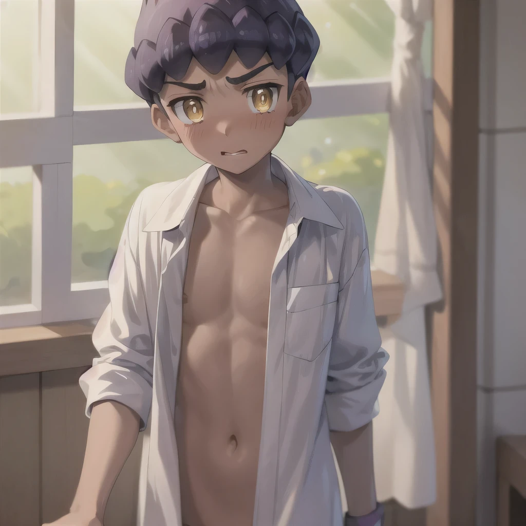 masterpiece,   top quality ,  {{One boy , hop \(  Pokémon\), Purple Hair,    short hair,   yellow eyes, Dark Skin,  , White Breath,  take off my clothes、Embarrassed、blush、