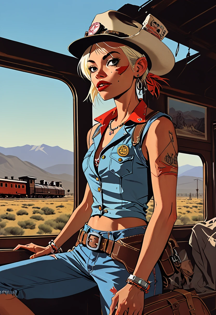 Tank Girl, riding the rear brakeman's end of the caboose, outfit distinct homage to cowboy sadcowgirl western, (jamie hewlett style reference), portrait, candid, expressive illustration, sense of movement and energy as the train rides through the sierra ranges, background the western plains in the distance, no light source, darkness, light mask uv rays across face, absurd, with rich color grading, cel shading, warm and unified colors, rotoscope, animated, minimal, precise,
