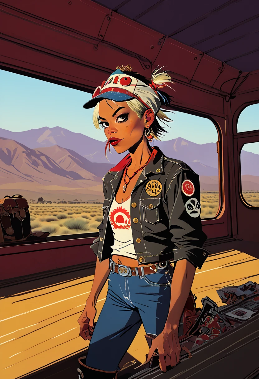 Tank Girl, riding the rear brakeman's end of the caboose, outfit distinct homage to cowboy sadcowgirl western, (jamie hewlett style reference), portrait, candid, expressive illustration, sense of movement and energy as the train rides through the sierra ranges, background the western plains in the distance, no light source, darkness, light mask uv rays across face, absurd, with rich color grading, cel shading, warm and unified colors, rotoscope, animated, minimal, precise,
