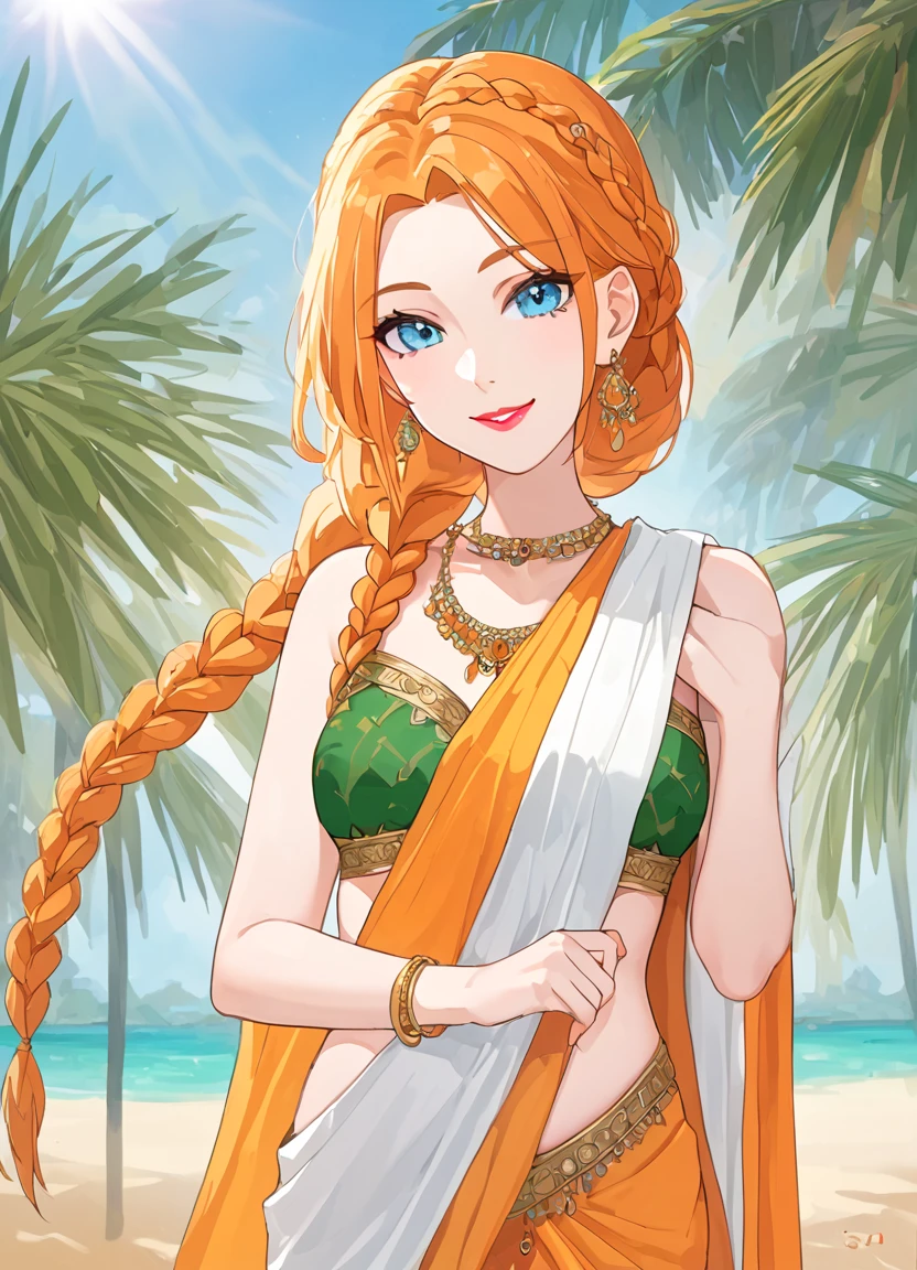 summer.smith, orange hair, 1girl, braid, eyeshadow,lipstick,bindi, saree,smile,score_9, score_8_up, score_7_up, score_6_up, score_5_up, score_4_up, looking at viewer, posing seductively, cowboy shot,