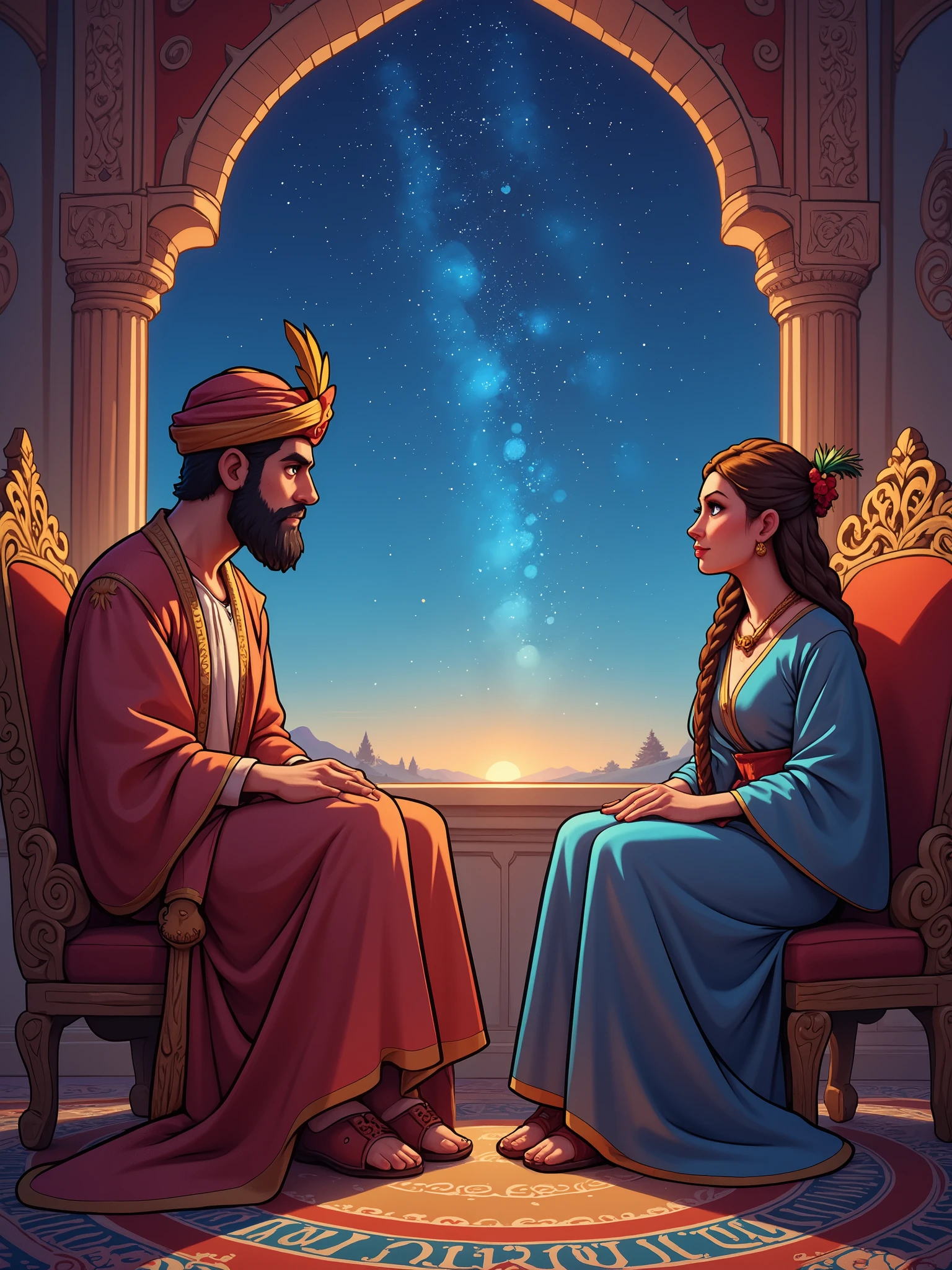 Draw a vivid scene depicting a figure of a sultan in traditional Middle Eastern dress, sitting on an ornate king's throne, wearing a turban decorated with feathers on his head. The man listens to the woman in amazement. An elegantly dressed woman in Middle Eastern attire, wearing a small fez with a tulle on the end, is sitting on a cedar opposite him, looking at him with a hopeful expression. She seems to be telling him a story. In the background, in a palace room, there is an elaborate window through which a starry night sky is visible, adding a magical atmosphere. Highlight the rich colours of their clothes and surroundings.