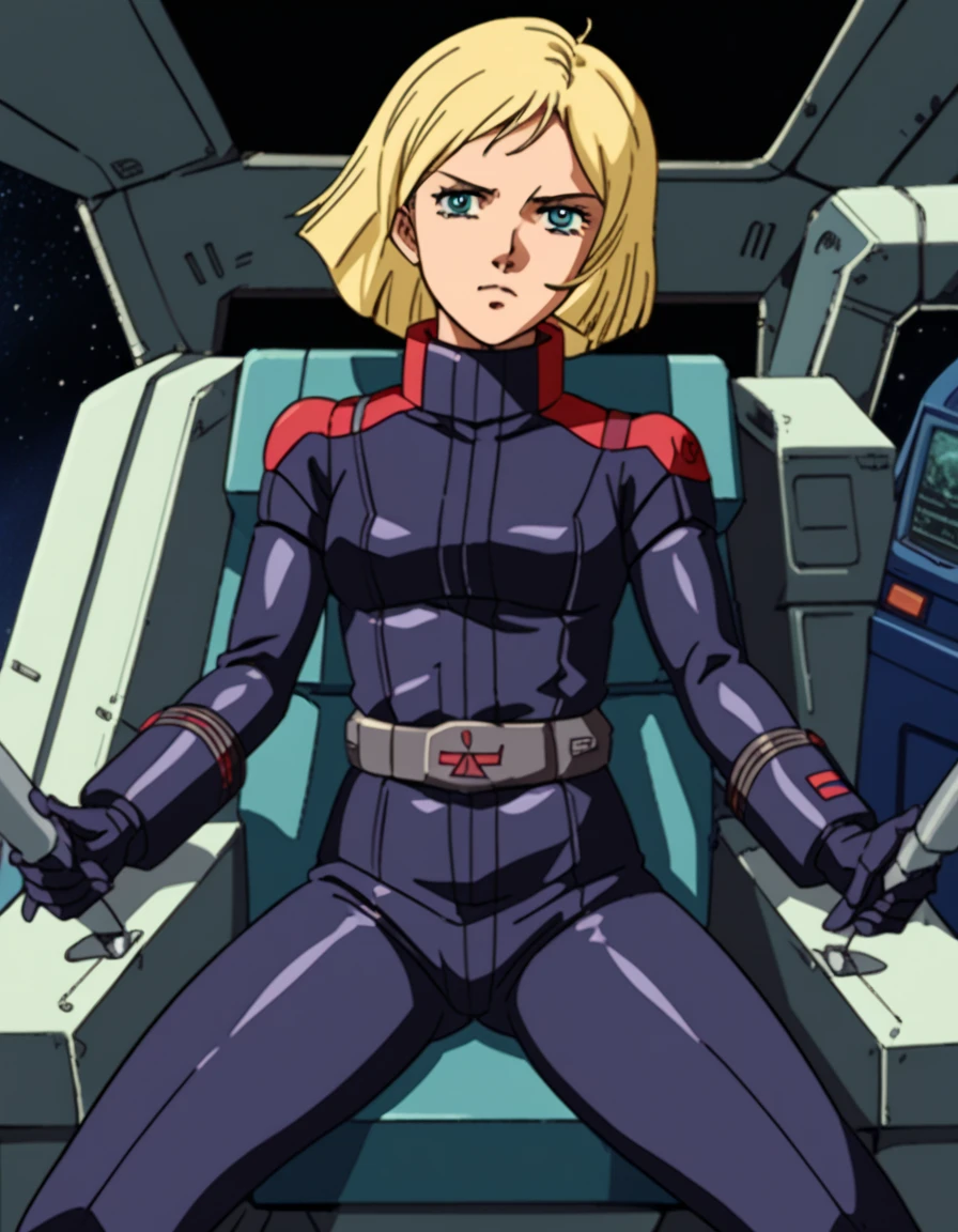 Z Gundam pilot suit, ( black pilot suit for piloting a machine:1.5) 、,score_9、 score_8_ up、 score_7_ up、 Destroys Top Quality 、 Refined details 、  Source Anime  、  One girl 、、、(Sayla \district\)、、 cockpit view 、Blonde、serious、