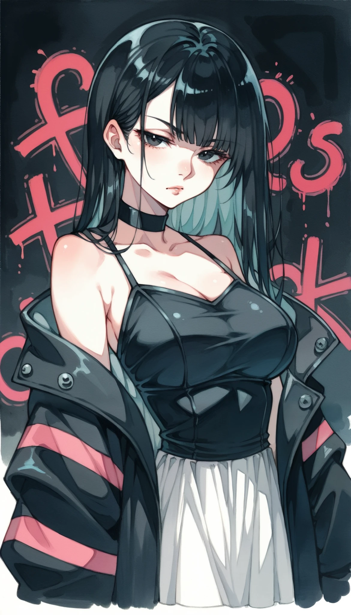 best quality, ultra high res, 1girl, crying, runny makeup, smoking cigarette, rainy, dark, alleyway, graffiti