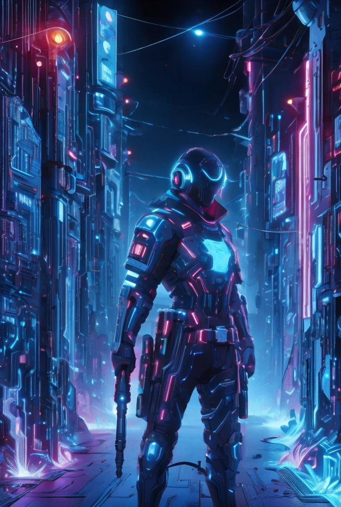 Warrior in a futuristic cyberpunk-style city wielding a light gun in the dark