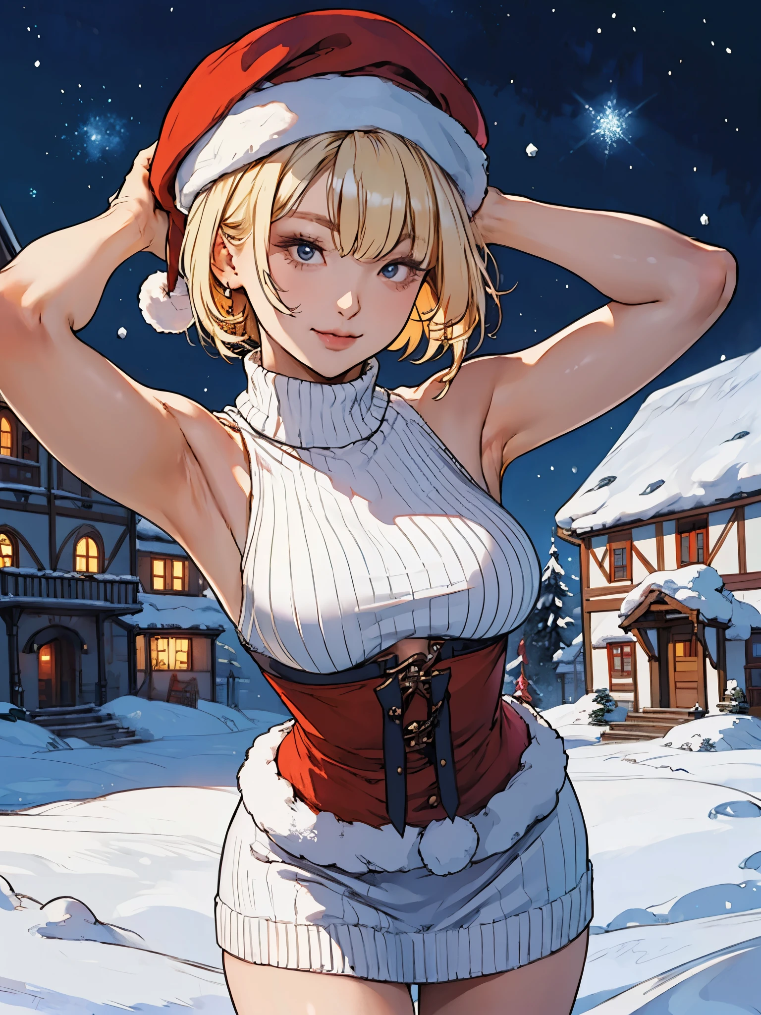 girl, one hand on hair, sleeveless turtleneck sweater minidress, breasts, armpit, beret, short hair, bangs, looking at viewer, snow, snowy, village, starry sky, top quality, masterpiece, ultra detail, ultra high resolution, blonde hair, santa,