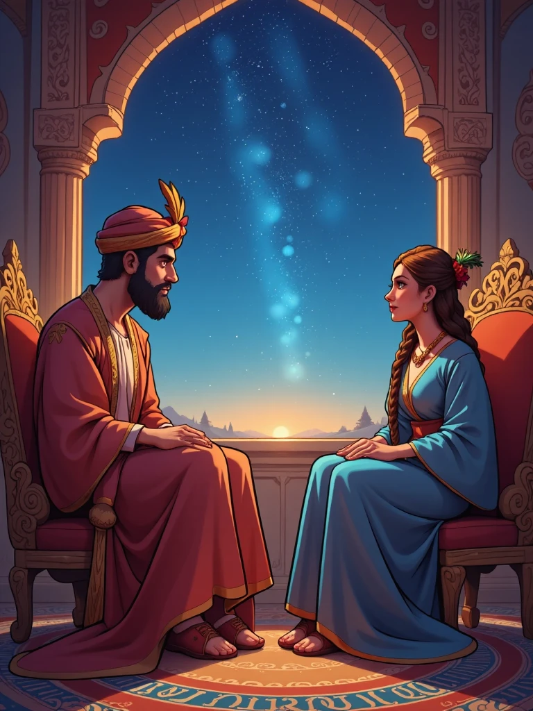 Draw a vivid scene depicting a figure of a sultan in traditional Middle Eastern dress, sitting on an ornate king's throne, wearing a turban decorated with feathers on his head. The man listens to the woman in amazement. An elegantly dressed woman in Middle Eastern attire, wearing a small fez with a tulle on the end, is sitting on a cedar opposite him, looking at him with a hopeful expression. She seems to be telling him a story. In the background, in a palace room, there is an elaborate window through which a starry night sky is visible, adding a magical atmosphere. Highlight the rich colours of their clothes and surroundings.