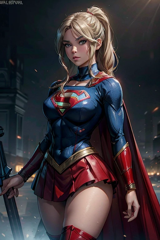 Hailee Steinfeld as Supergirl, standing, Supergirl costume, big boobs, slim waist, wide hips, toned abs, thighs, navel, knee high red boots, , blue top, red skirt, Supergirl outfit,, wearing supergirl_cosplay_outfit,, bleach blonde hair, ponytail hairstyle, light blue eyes, long eyelashes, beautiful detailed eyes, beautiful detailed lips, beautiful detailed nose, dark grey background, dramatic lighting, cinematic composition