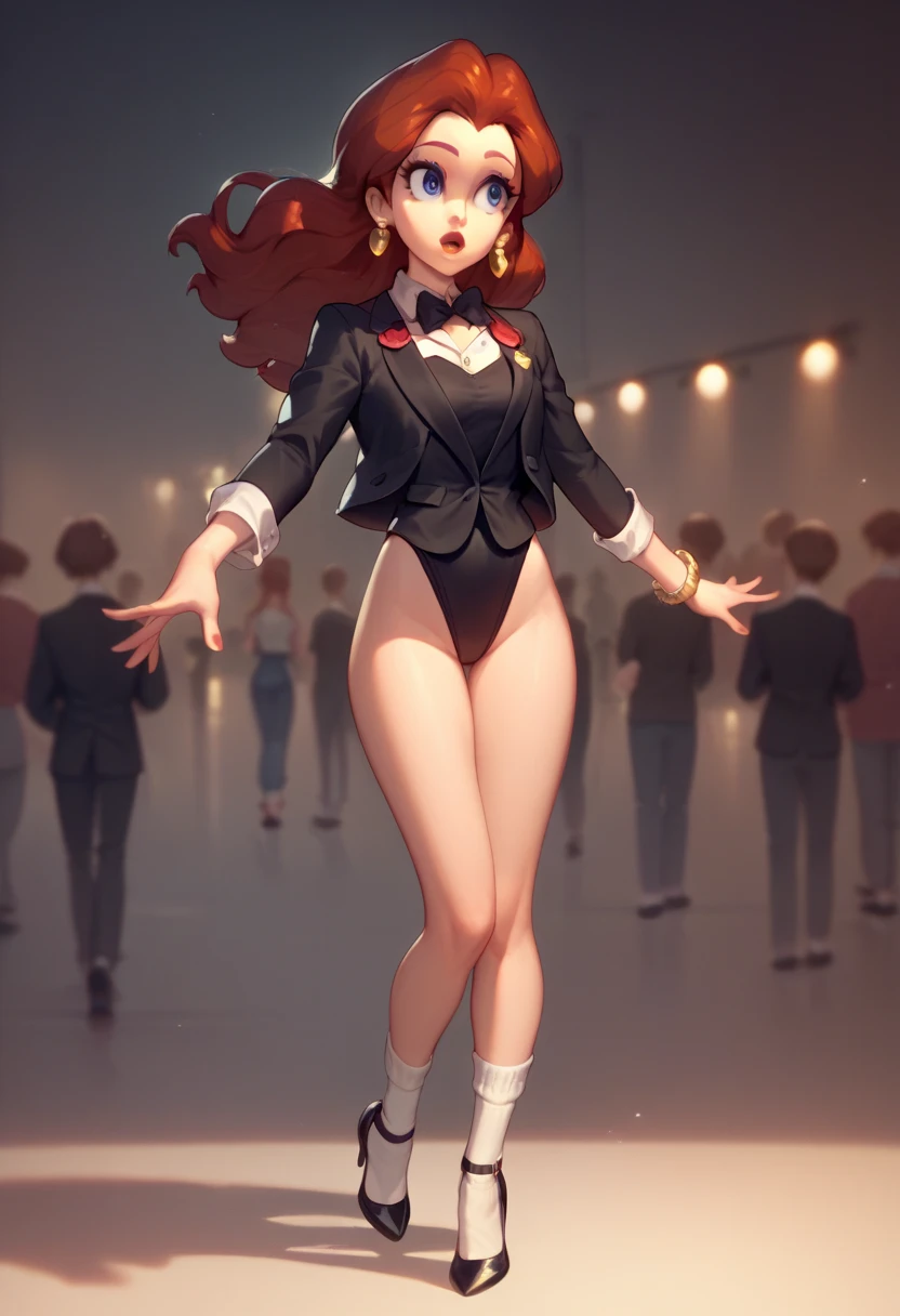 Cute Pauline wearing a sparkling black tuxedo leotard, black Mary Jane strap tap heels with white socks,,performing on stage with a city background, black mix with brown hair, eyes are centered, black bow with a white collar around her neck, while tap dancing 