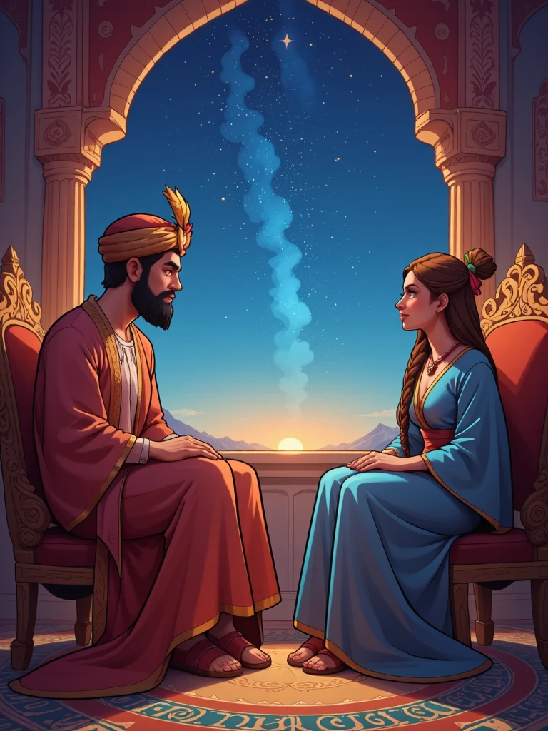 Draw a vivid scene depicting a figure of a sultan in traditional Middle Eastern dress, sitting on an ornate king's throne, wearing a turban decorated with feathers on his head. The man listens to the woman in amazement. An elegantly dressed woman in Middle Eastern attire, wearing a small fez with a tulle on the end, is sitting on a cedar opposite him, looking at him with a hopeful expression. She seems to be telling him a story. In the background, in a palace room, there is an elaborate window through which a starry night sky is visible, adding a magical atmosphere. Highlight the rich colours of their clothes and surroundings.