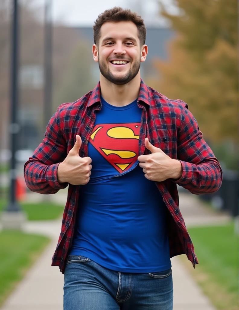 Superman ,a 22-year-old, attractive, a plaid shirt with muscular,blue dress jeans (tearing his plaid student shirt:2) hands making heart shape, taking off an unbuttoned plaid shirt, showing the blue Superman suit  with s logo, He running with big strides and visits the university campus, patriotic smile, 16k,UHD, dslr, insane details, award-winning photo,