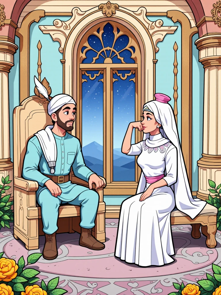 Draw a vivid scene depicting a figure of a sultan in traditional Middle Eastern dress, sitting on an ornate king's throne, wearing a turban decorated with feathers on his head. The man listens to the woman in amazement. An elegantly dressed woman in Middle Eastern attire, wearing a small fez with a tulle on the end, is sitting on a cedar opposite him, looking at him with a hopeful expression. She seems to be telling him a story. In the background, in a palace room, there is an elaborate window through which a starry night sky is visible, adding a magical atmosphere. Highlight the rich colours of their clothes and surroundings.