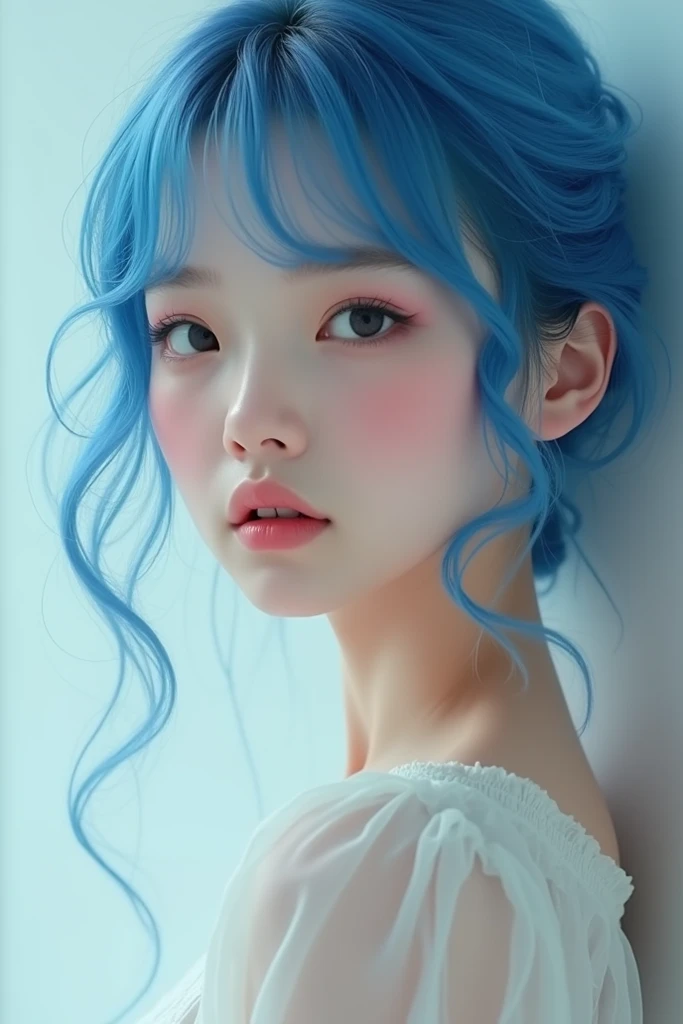 Masterpiece, Superb Style, Summer Dress, Color Hair, Indoor, Hotel, Magazine Cover, Upper Body, 1Girl, Delicate Hair, Arm Carving, Dream Blue Hair All Over, Delicate Shoes, Eye Carving, Delicate Hair, Clay Texture, Stepping on the Ground, Black and White Background, Natural Light, Best Quality, Ultra Detail, 8K, , (Facial Features to Be Clear)!!!! (The facial features are naturally rich, the character has only two legs and only five fingers on the hands)