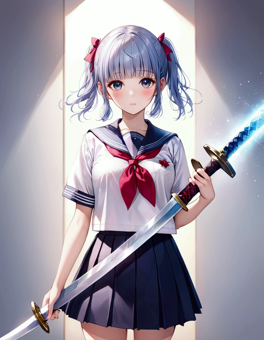 there is a woman in a sailor suit holding a sword, seifuku, japanese school uniform, mayuri shiina, ayaka cosplay, young gravure idol, anime girl cosplay, japanese girl school uniform, young pretty gravure idol, wearing japanese school uniform, realistic young gravure idol, kimi takemura, a hyperrealistic schoolgirl, gapmoe yandere. blurry light particles