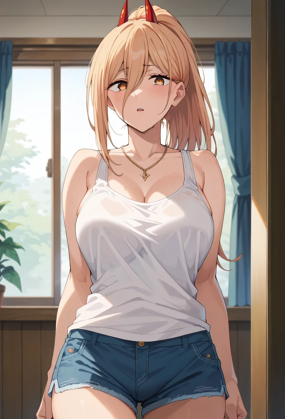 score_9, score_8_up, score_7_up, score_6_up, score_5_up, score_4_up, BREAK  adult, 1girl, p0w3r0x1, long hair, blonde hair, red horns,demon pupils, curtains, jewelry, necklace, blush, tank top, short shorts, breast, collarbone, indoors, bangs,large breast, ponytail, open mouth, bare shoulders, looking at viewer, portrait, cowboy shot, parted lips, sidelocks, blurry background, blurry, sleeveless, window