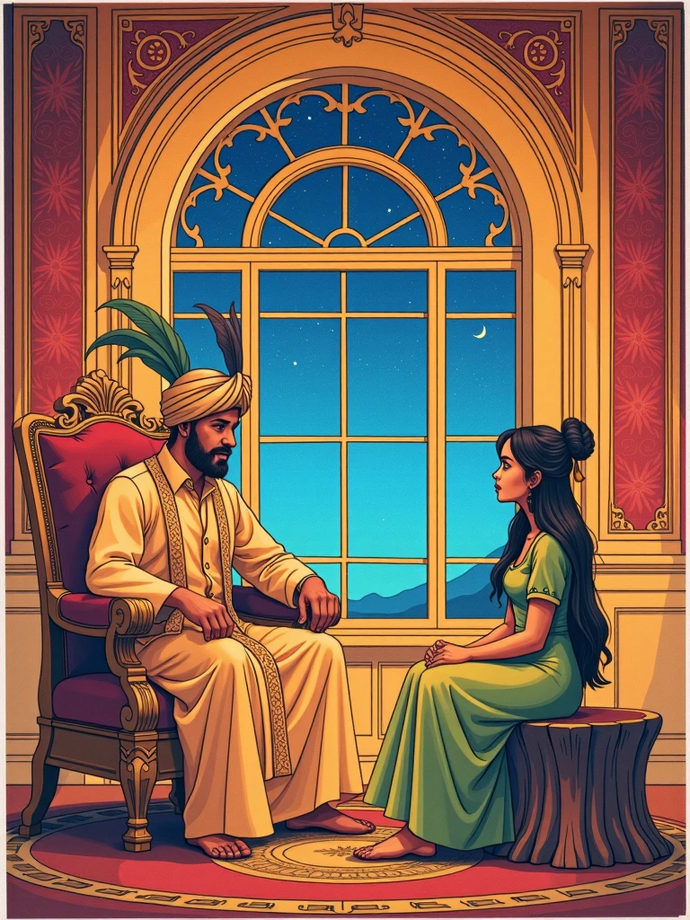 Draw a vivid scene depicting a figure of a sultan in traditional Middle Eastern dress, sitting on an ornate king's throne, wearing a turban decorated with feathers on his head. The man listens to the woman in amazement. An elegantly dressed woman in Middle Eastern attire, wearing a small fez with a tulle on the end, is sitting on a cedar opposite him, looking at him with a hopeful expression. She seems to be telling him a story. In the background, in a palace room, there is an elaborate window through which a starry night sky is visible, adding a magical atmosphere. Highlight the rich colours of their clothes and surroundings.