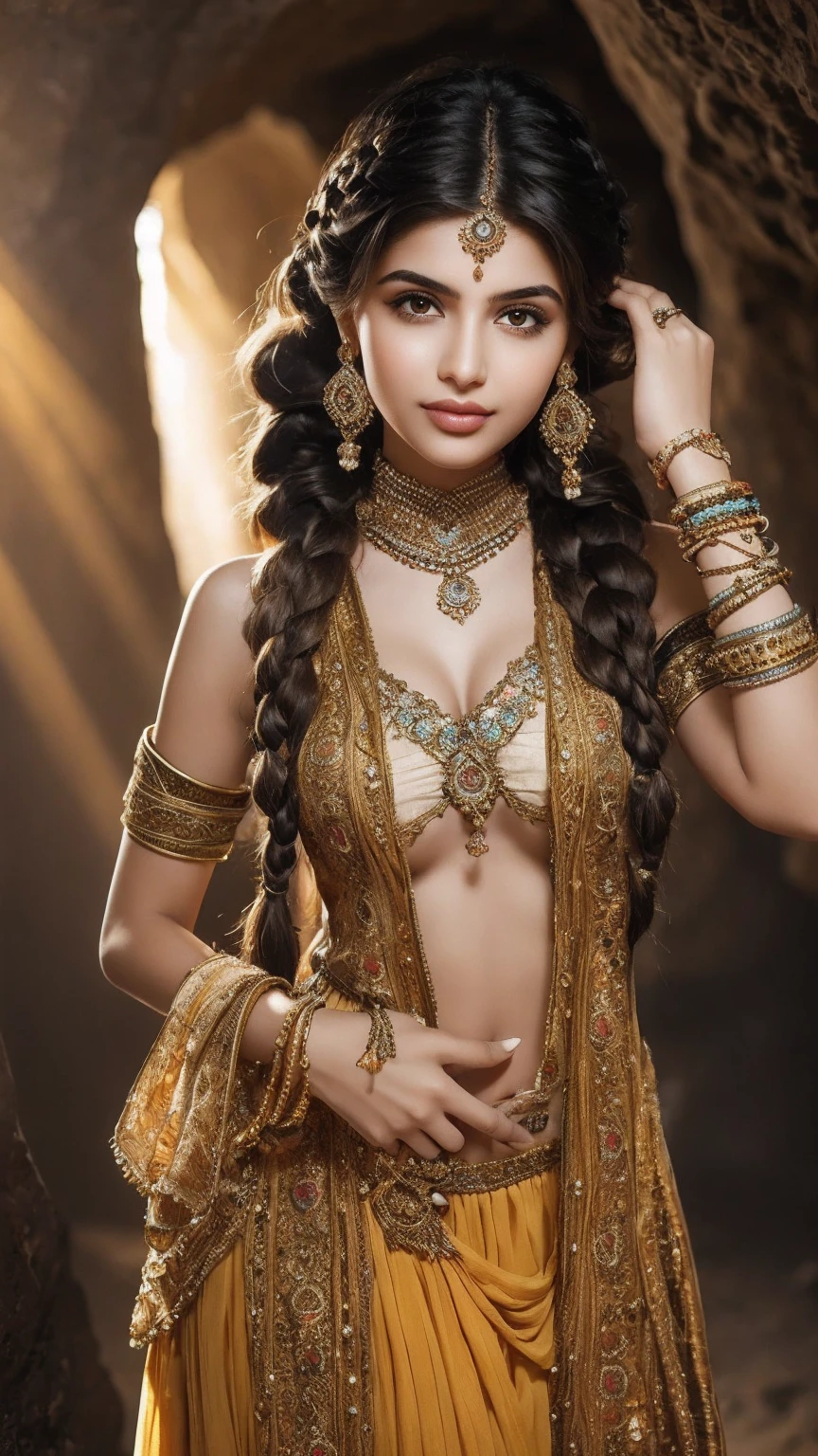  1 Persian woman posing in a couple of caves, golden sunlight, soft shadows, bright colors, seductive eyes, sensual smile  (Long braided hair) , luxurious jewelry, intricate henna patterns, sexy movements, graceful gestures, traditional Indian earrings, beauty Pure, enchanting atmosphere, exquisite silk, delicate fabrics, attractive appearance, intricate embroidery, ornate bracelets, sensual charms, mysterious aura.