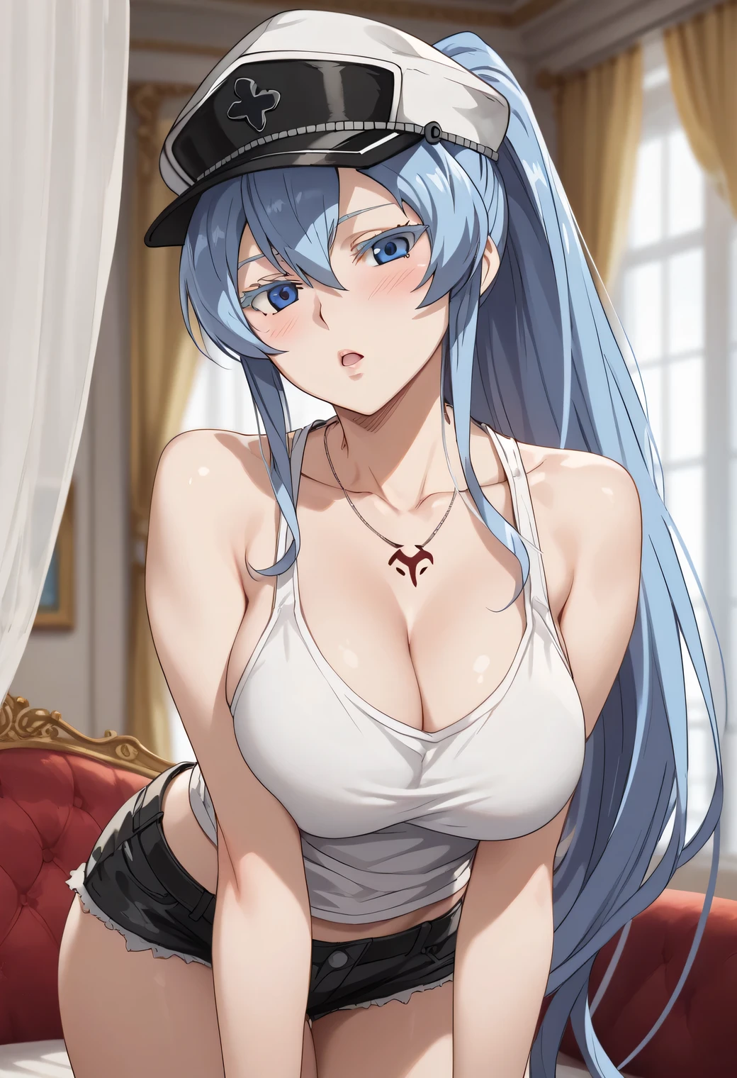 esdeath, blue eyes, blue hair, long hair, large breast, eyelashes, red face,  curtains, jewelry, necklace, blush, tank top, short shorts, breast, collarbone, indoors, bangs,large breast, ponytail, open mouth, bare shoulders, looking at viewer, portrait, cowboy shot, parted lips, sidelocks, blurry background, blurry, sleeveless, window, hat