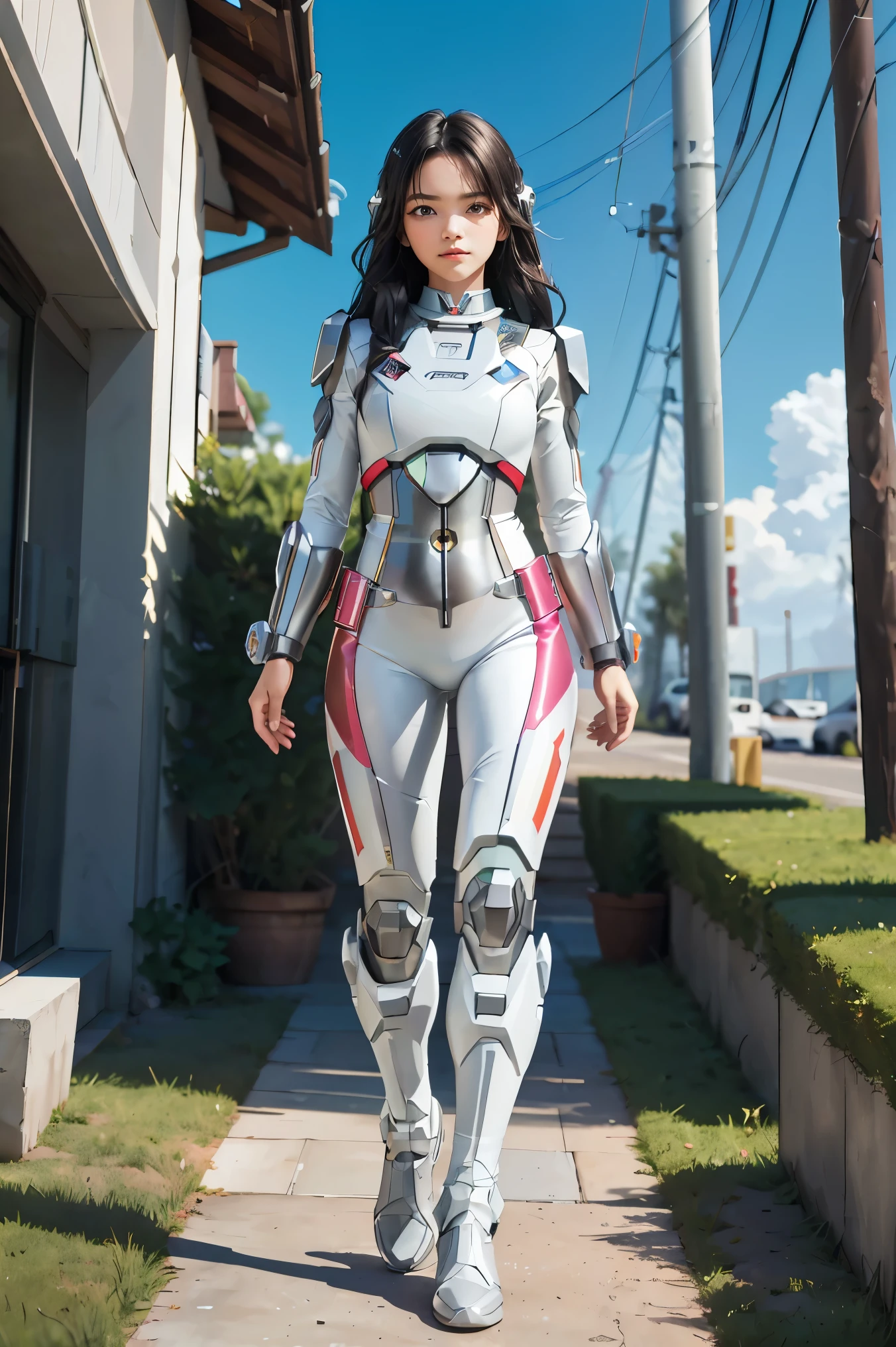 ((masterpiece, best quality, extremely detailed), volumetric lighting, ambient occlusion, colorful, glowing), 
1girl, solo, young girl, (dark hair), long hair, halo, aura, sacred, goddess, cleric suit,  armor,
outdoors, sunset, sky, clouds, space, 1girl, full body, Illustration, cinematic light, high resolution, best quality, ultra-detailed, masterpiece, power suit, powerranger, suit, spd,