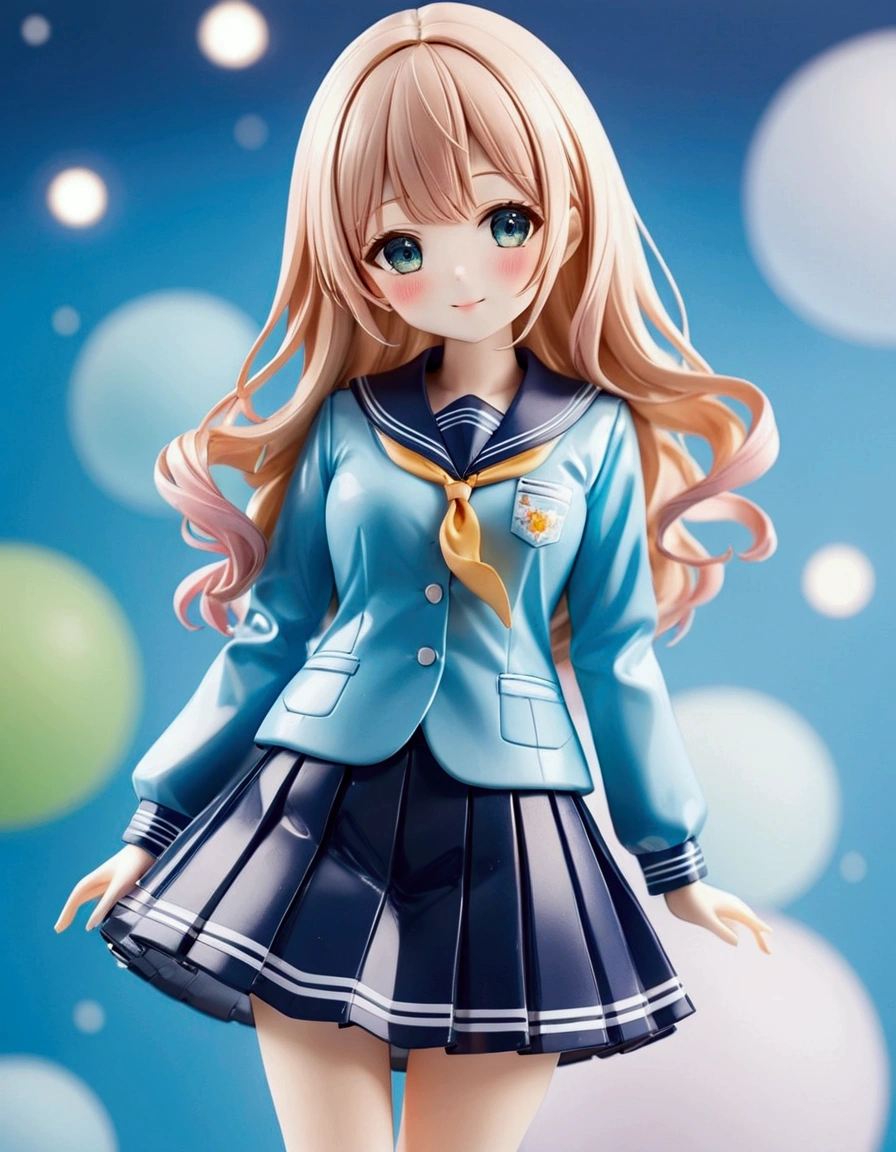 a close up of a person in a blue jacket and skirt, magical school student uniform, anime vtuber full body model, chiho aoshima color scheme, close up iwakura lain, good smile company anime style, teal uniform, anime barbie doll, aya takano color style, anime figure, anime action figure, anime pvc figure, ( highly detailed figure ). blurry light particles