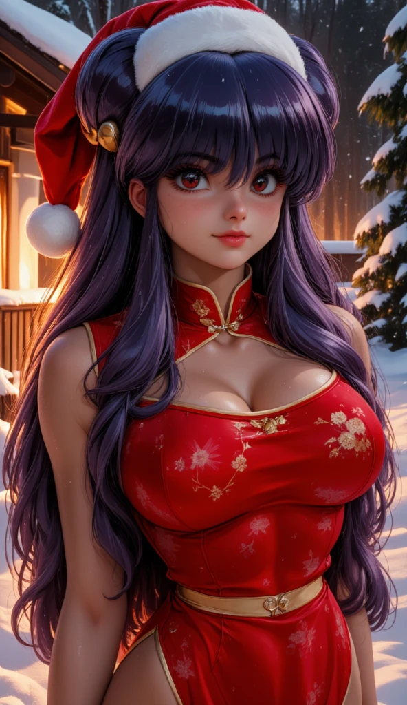 solo, 1girl, chubby, ((red chinese dress with complex flower pattern, very thick fur trim)), open-chest, gigantic breasts, akagiv5, fox girl, <lora:AkagiV5:0.7>, BREAK, depth of field, (snowy, winter night), street view, BREAK (masterpiece), (best quality), (highres)