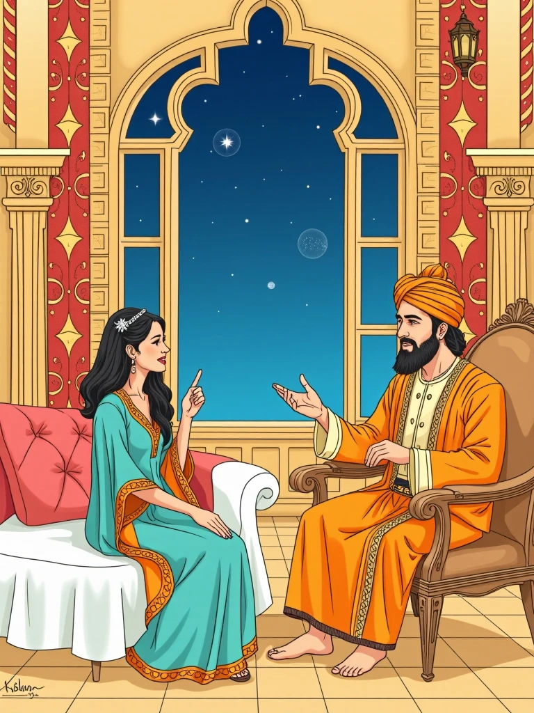 Draw a vivid scene depicting a figure of a sultan in traditional Middle Eastern dress, wearing a turban on his head, sitting on an ornate kingly throne. The man listens to the woman in amazement and love. An elegantly dressed woman in Middle Eastern clothes, wearing a small headdress with a tulle at the end, sits on a divan opposite him, cheerfully telling him a story. In the background, in a palace room, there is an elaborate window through which a starry night sky is visible, adding a magical atmosphere. Highlight the rich colours of their clothes and surroundings.