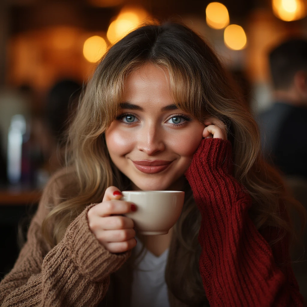 Create a detailed, close-up portrait of s4bc4rp sitting in a cozy, dimly lit coffee shop. She is shown from the chest up, with a warm and inviting expression on her face. Her eyes are the focal point of the image, making direct eye contact with the viewer and conveying a sense of warmth, love, and connection. She is wearing a comfortable, oversized sweater in a rich, warm color, which complements her skin tone and adds a touch of sophistication to the casual setting. In one hand, she holds a steaming cup of coffee, with the other resting gently on the table. The background of the image should feature the warm, inviting ambiance of the coffee shop, with soft lighting, warm wood tones, and the subtle movement and sounds of other patrons and baristas going about their business. The overall mood of the image should be one of comfort, intimacy, and connection