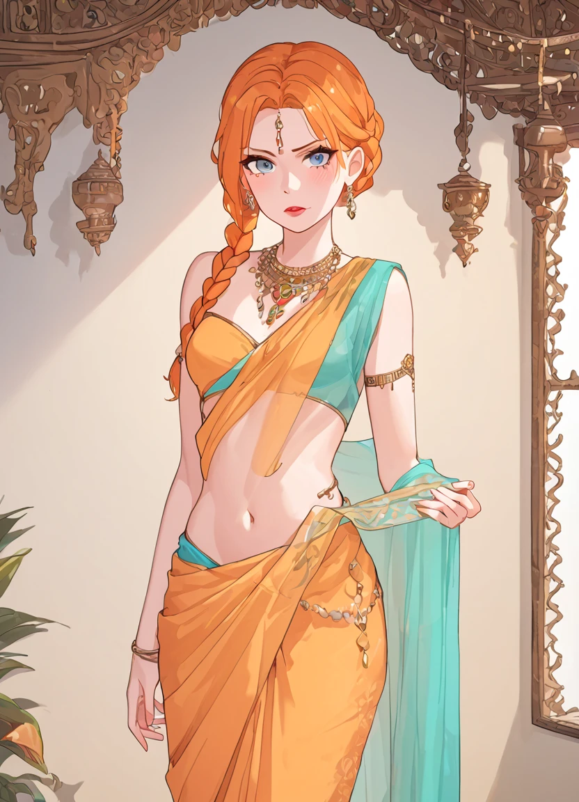 summer.smith, orange hair, 1girl, braid, eyeshadow,lipstick,bindi, saree,ashamed,score_9, score_8_up, score_7_up, score_6_up, score_5_up, score_4_up, looking at viewer,cleavyge, posing seductively, cowboy shot,