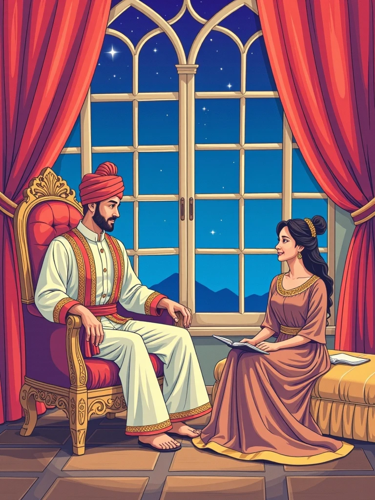 Draw a vivid scene depicting a figure of a sultan in traditional Middle Eastern dress, wearing a turban on his head, sitting on an ornate kingly throne. The man listens to the woman in amazement and love. An elegantly dressed woman in Middle Eastern clothes, wearing a small headdress with a tulle at the end, sits on a divan opposite him, cheerfully telling him a story. In the background, in a palace room, there is an elaborate window through which a starry night sky is visible, adding a magical atmosphere. Highlight the rich colours of their clothes and surroundings.