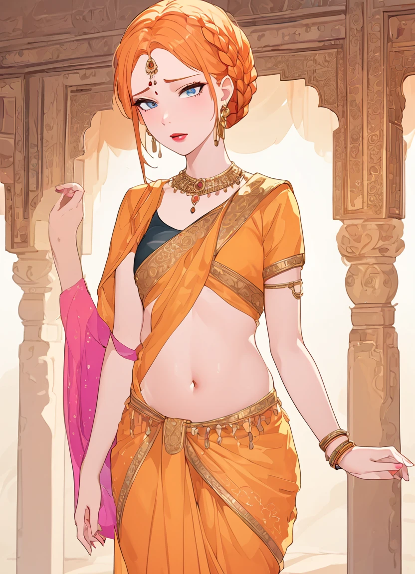 summer.smith, orange hair, 1girl, braid, eyeshadow,lipstick,bindi, saree,ashamed,score_9, score_8_up, score_7_up, score_6_up, score_5_up, score_4_up, looking at viewer,cleavyge, cowboy shot,harem