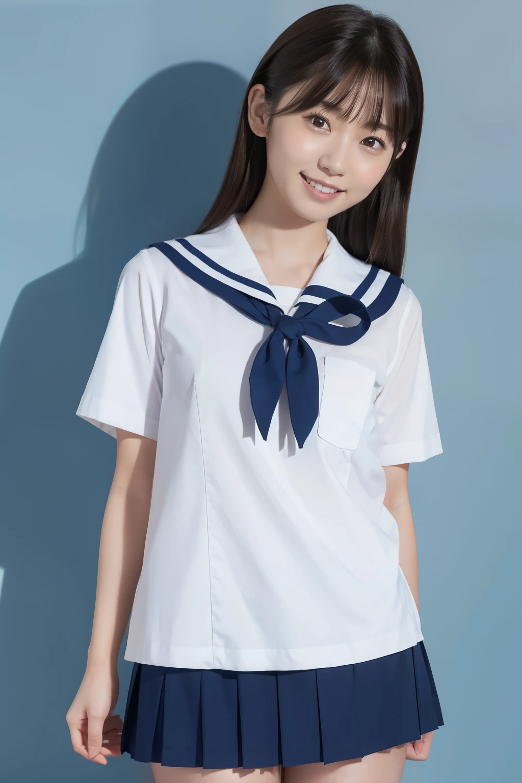 (​masterpiece, top quality , Ultra A High Resolution), Japanese woman holding breasts, A very beautiful 18-year-old girl, Innocent Girl、( Perfect Limbs 、Perfect human body),((Beaver)). cute japanese high school sailor suit、  short sleeve sailor suit  、  bulging corners of the eye 、pure white、 Beautiful skin、Watery eyes、Sparkling brown hair、Omen of Love 、Colossal 、 Staring at Older Housewives 、Plain background