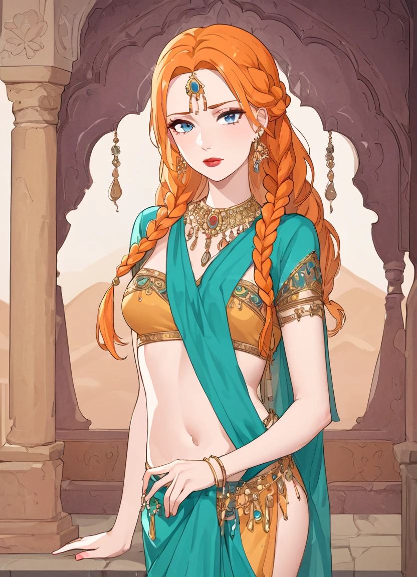 summer.smith, orange hair, 1girl, braid, eyeshadow,lipstick,bindi, saree,ashamed,score_9, score_8_up, score_7_up, score_6_up, score_5_up, score_4_up, looking at viewer,cleavyge, posing seductively, cowboy shot,harem backround