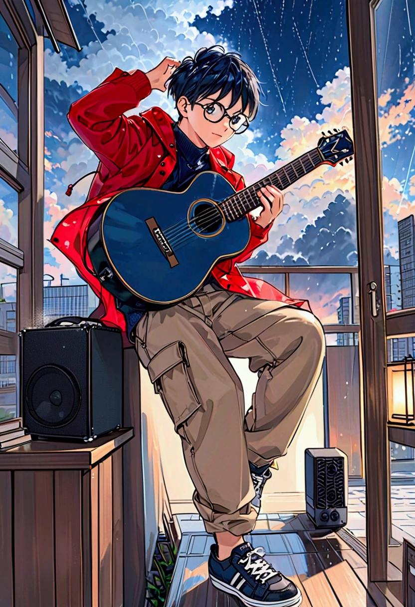  young adult man, Wear hexagonal glasses ,  dressed in a red coat ,  beige cargo pants and black sneakers , high, sentado em um banco no high de uma colina,  navy blue sky with the weather turning to rain.  he is playing a black Ibaneza guitar,  connected with a black amplifier . In the background there is a city covered with a thunderstorm.