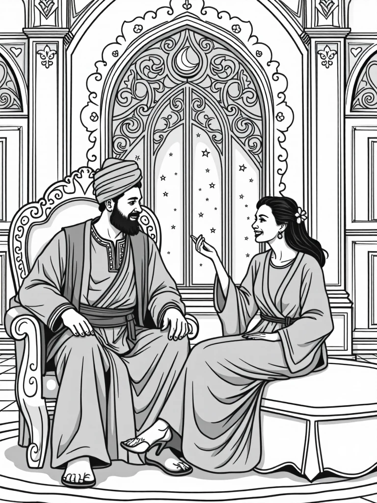 Draw a vivid scene depicting a figure of a sultan in traditional Middle Eastern dress, wearing a turban on his head, sitting on an ornate kingly throne. The man listens to the woman in amazement and love. An elegantly dressed woman in Middle Eastern clothes, wearing a small headdress with a tulle at the end, sits on a divan opposite him, cheerfully telling him a story. In the background, in a palace room, there is an elaborate window through which a starry night sky is visible, adding a magical atmosphere. Highlight the rich colours of their clothes and surroundings.